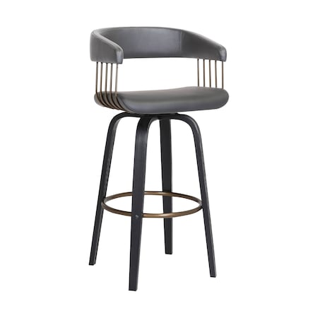 Armen Living Topanga 26" Swivel Black Wood Counter Stool in Gray Faux Leather with Golden Bronze Metal LCTOBABLKGRY26